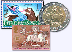 European stamps and Euro Coin depicting the Woman on the Beast